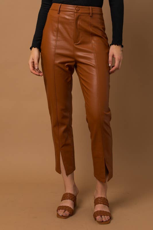 High Waisted Split Hem Vegan Leather Pants