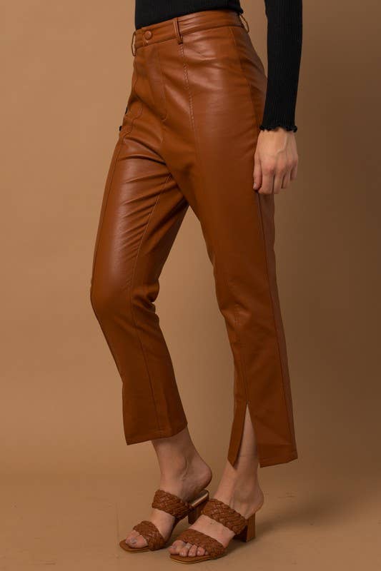 High Waisted Split Hem Vegan Leather Pants